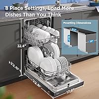 Vista 3 de Midea MDF18A1ABB - Lavavajillas integrado de 18 pulgadas con 8 lugares, diseño delgado, 6 programas de lavado, bañera de acero inoxidable, secado