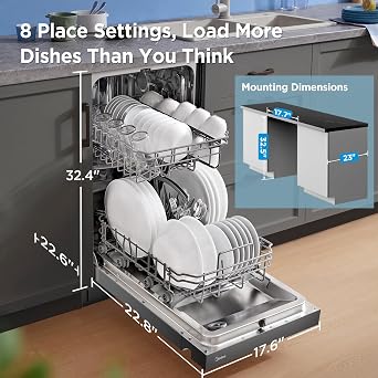 Midea 18 Inch Built-in Dishwasher, Slim Space-Saving Design with Stainless Steel Tub, 8 Place Settings & 6 Wash Cycles, Energy Star Certified Dishwasher with Heated Dry & High-Temp Wash, Black