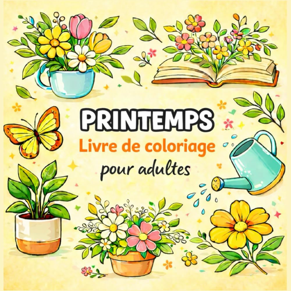 Coloriage anti-stress de Printemps pour adultes: Dessins faciles de fleurs, papillons et scènes de jardin relaxantes