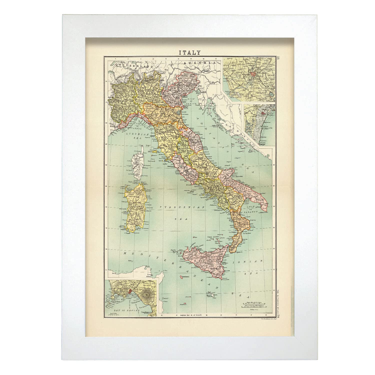 Nacnic Vintage Map Of Italy Citizen Atlas Poster Art, Size A4 White Frame. Pictorical Style Print For The Decoration Of Living Room Walls, Bedrooms, Offices...