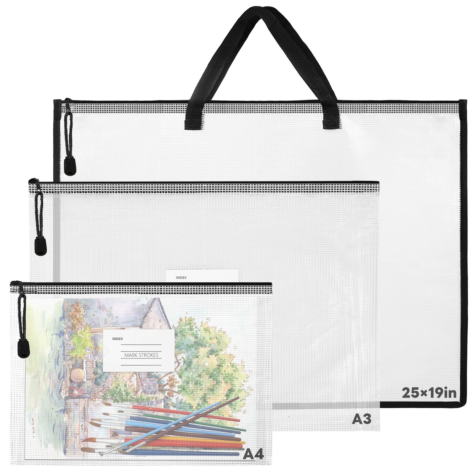 3 Pcs Art Portfolio Bag, 19 x 25 Inch Waterproof Large Capacity A2 Art Folder with A4/A3 Arts Folder Carry Case, Clear Artwork Craft Bag with Handle and Zipper for Posters, Bulletin Boards, Scrapbooks — image 1