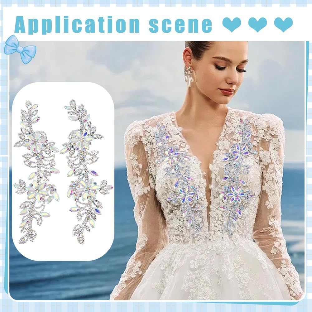 FINGERINSPIRE 1 Pair Beaded Rhinestons Appliques Patch 2.52x8.66inch Crystal AB Rhineston Sewing Applique Patches Handmade Silver Flower Rhinestons Beaded Patches for Wedding Dress Decor Accessory