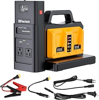 Pure Sine Wave Inverter Compatible with Dewalt 20V Battery, 2 in 1 500W 4 Ports Power Inverter Battery Charger Generator DC 20V to AC* 2 Outlets, 120V Car Charger Plug, USB&Type-C (Tool Only)