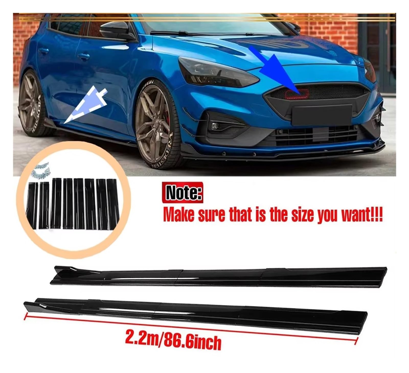 Minigonne Laterali Auto Per Ford Per Mondeo Per Focus Per Fiesta Per ST Per RS ​​Aletta Di Estensione Per Minigonne Laterali Auto Universali Da 2,2 M Minigonne Laterali(Glossy Black)