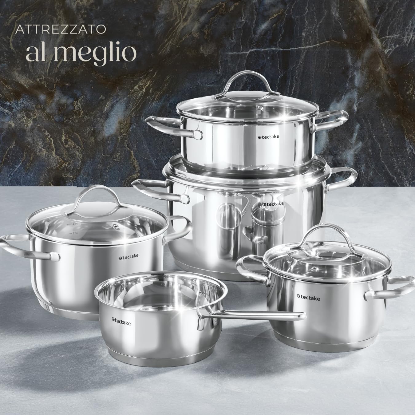 tectake® Set di Pentole, 9 Pezzi, Acciaio Inossidabile di Alta Qualità, Adatto a Induzione, Gas, Elettrico, 4 Pentole con Coperchio e Casseruola con Manico, Lavabili in Lavastoviglie