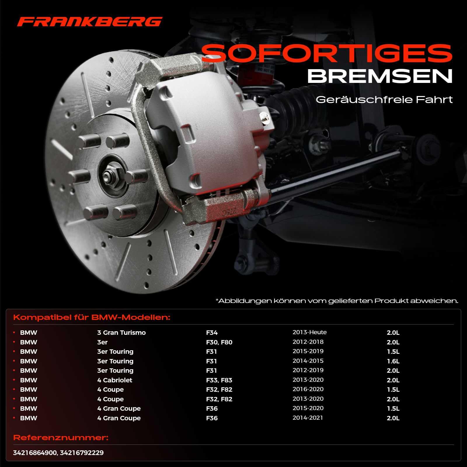 Frankberg 2x Bremsscheiben Hinten Belüftet ⌀300mm 34216792229 | Kompatibel mit 4 Coupe F32 F82, 3er F30 F80, 3 Gran Turismo F34, 3er Touring F31, 4 Gran Coupe F36, 4 Cabriolet F33 F83