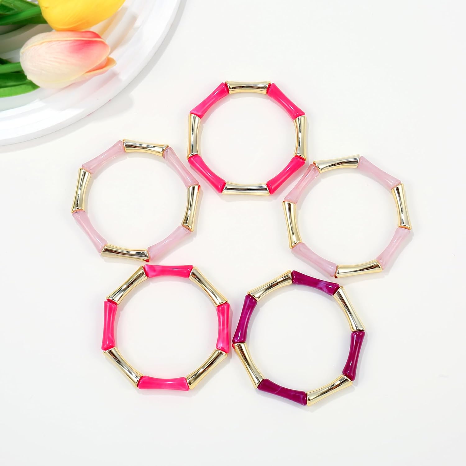 Gold Tube Bangle Bracelets for Women Stackable Bamboo Chunky Acrylic Beads Stretch Friendship Summer Beach Bracelet Jewelry - Image 6