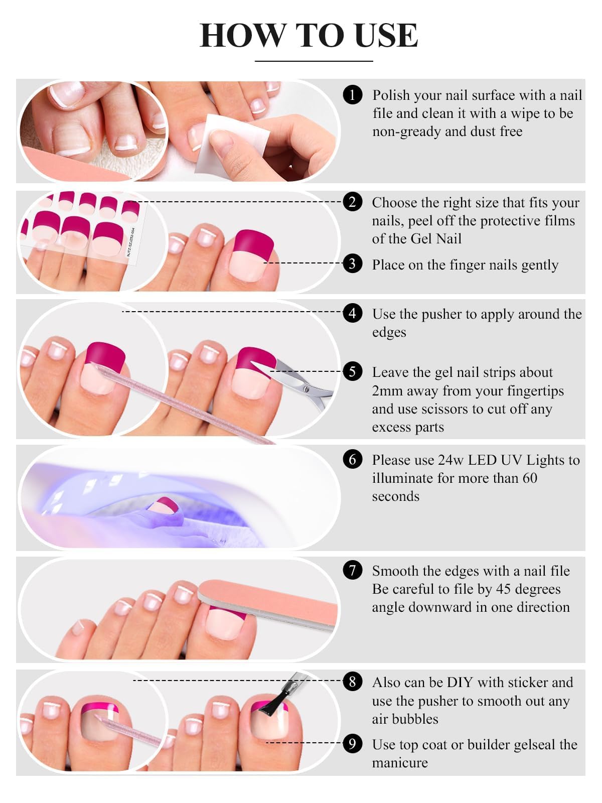 EBANKU Lot de 52 bandelettes de gel semi-durcies pour orteils, ongles de salon de coiffure durables avec lime à ongles et bâton (rouge rose français)