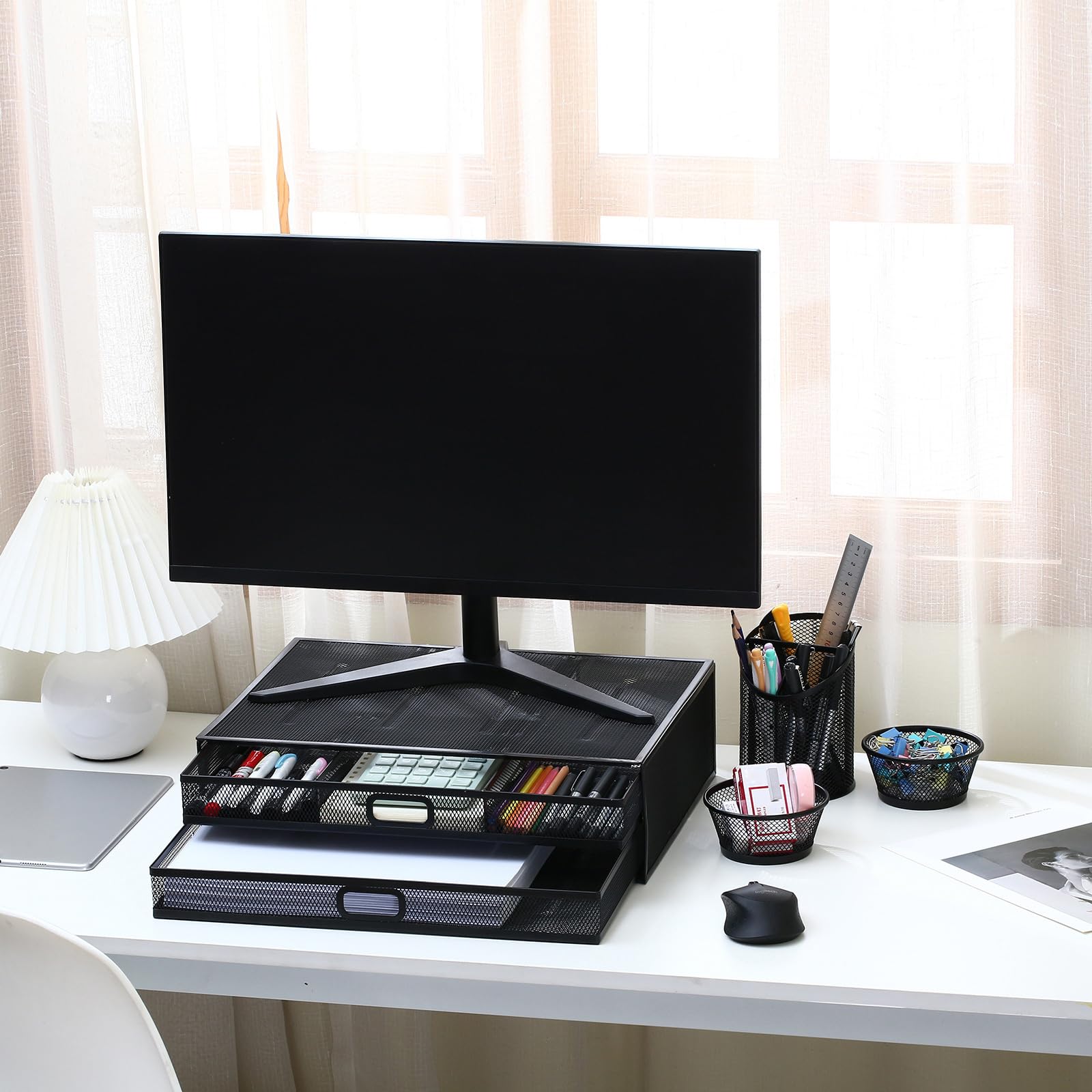 Supporto per Monitor in Rete Metallica con 2 Scomparti, Salvaspazio per Laptop, Pc E Stampante, Soluzione Desktop per Casa E Ufficio.,