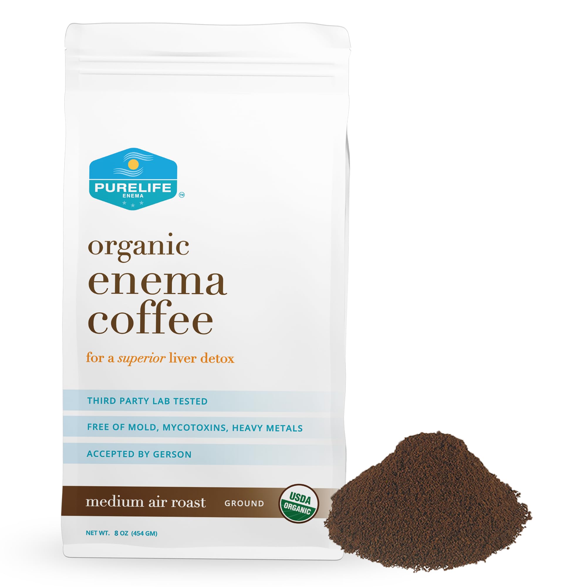 PureLife Organic Enema Coffee - 1/2 LB - Specialty Grade & Air Roasted For Purity and Potency- Ground - Gerson Specific