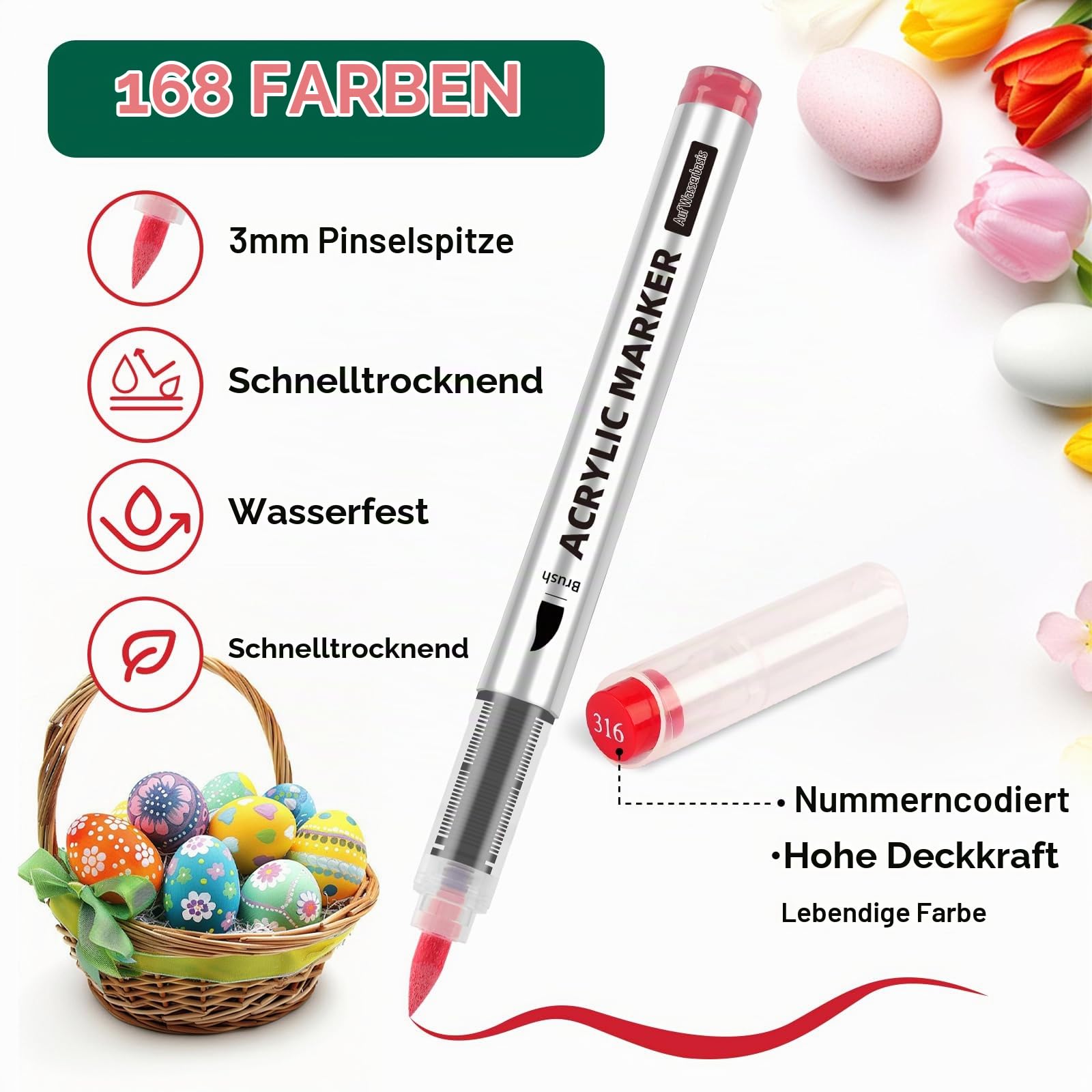 ABEIER 168 Farben Acrylstifte Set für Steine Wasserfest Brush Tip Acrylic Pens Set, Acrylmarker Schnelltrocknend und Ungiftig, Acrylstifte zum Bemalen für Stoff, Leinwand, Glas, Holz und Papier