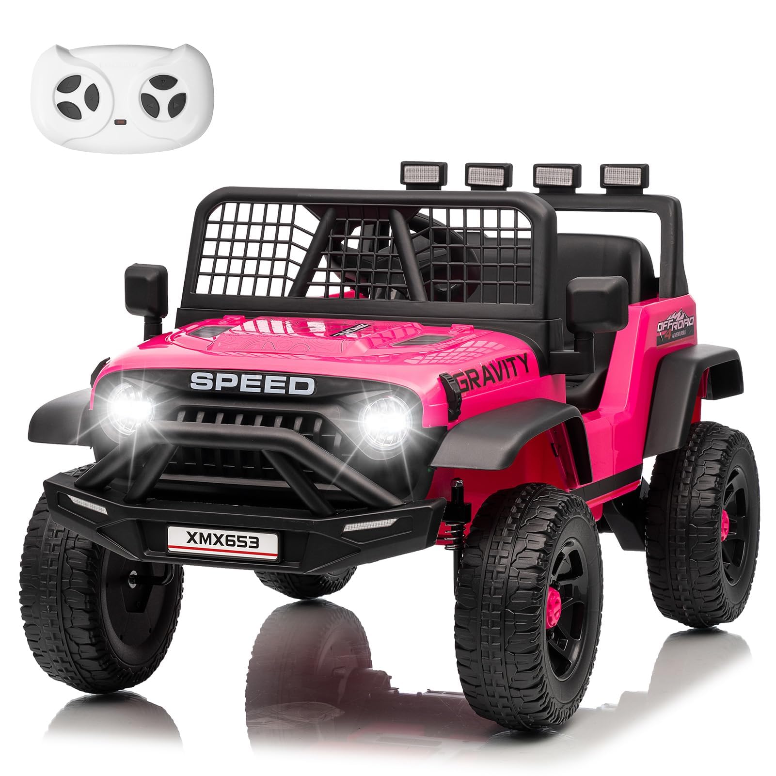 Garvee Auto Elettrica per Bambini 12V tipo Fuoristrada Off-Road, 1 Posto, Doppio Motore, 2 Modalità di Guida, Telecomando 2,4 GHz, Luci LED, Musica/USB, Cintura e Sospensioni - Rosso Rosa