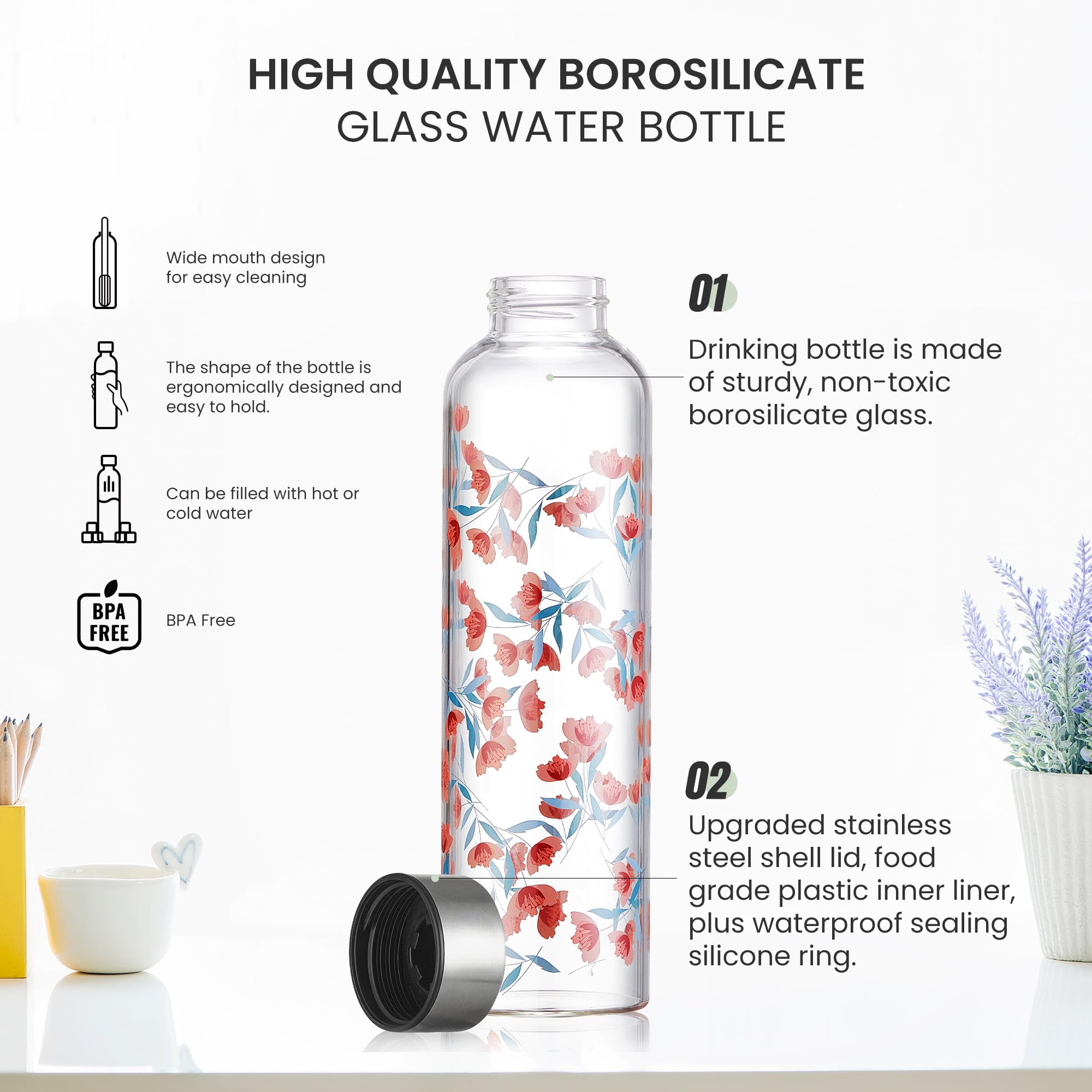 Autsel Glass Water Bottle 1000ml Artistic Glass Drinking Bottle with Lid Leak Proof Borosilicate Water Bottle with Protection Sleeve - Image 3
