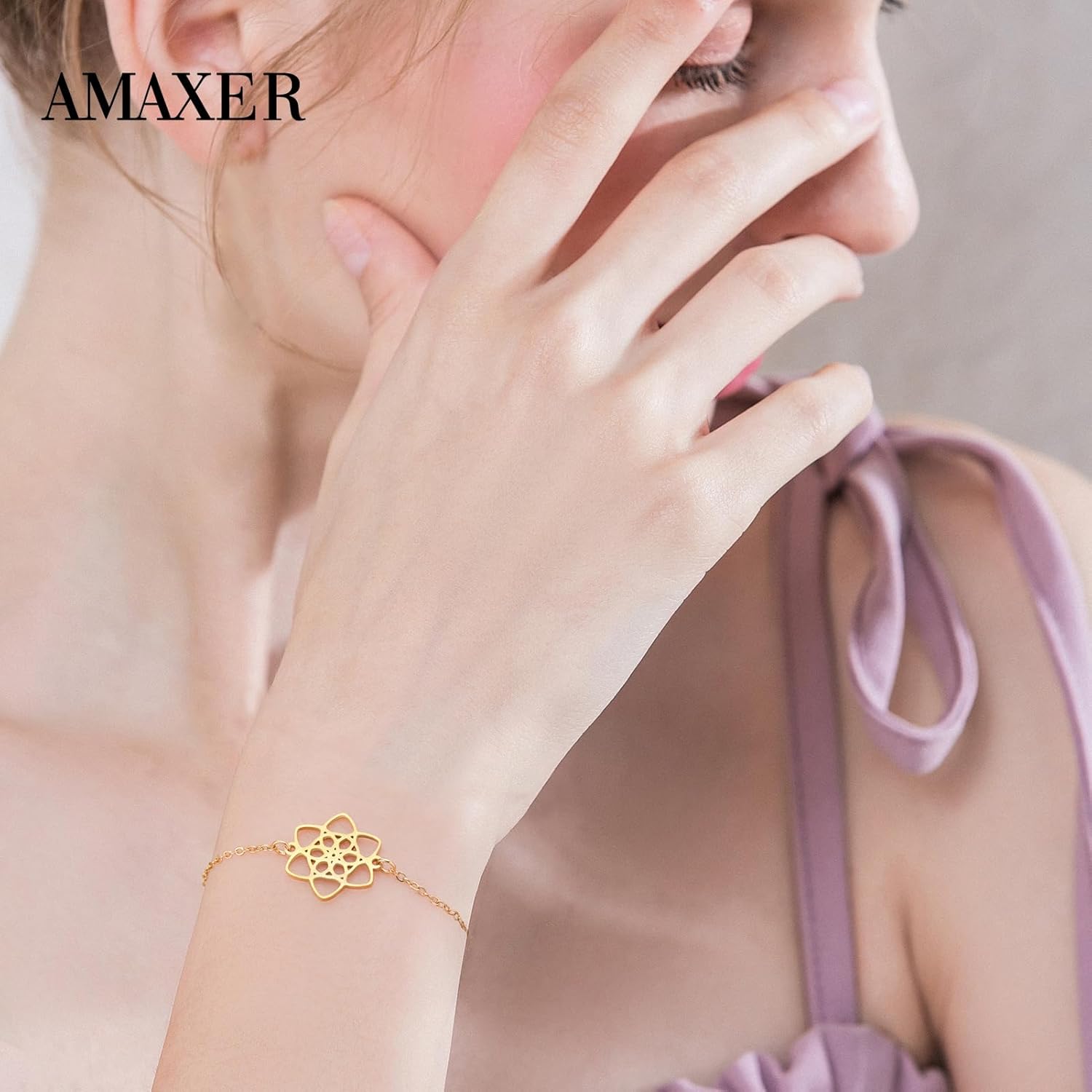Amaxer Celtic Knot Gold Bracelets Stainless Steel Trinity Knot Flower Pendant Adjustable Bracelet for Women (Single chain) - Image 2