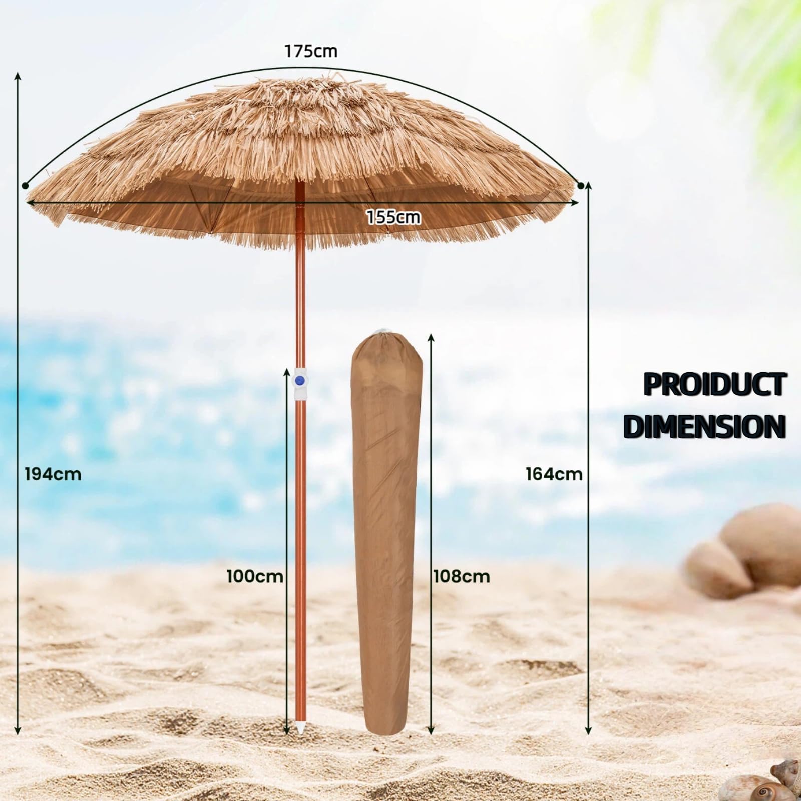 KOMFOTTEU Ombrellone da Spiaggia, Parasole Hawaiano in Rafia Pieghevole, Ombrello da Giardino in Paglia Simulata Inclinabile, Altezza Regolabile, Anti UV, per Balcone, senza Base per Ombrellone