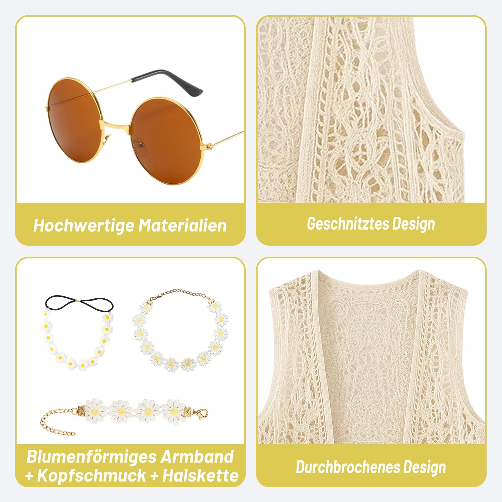 Hippie, abbigliamento da donna, 5 pezzi, anni '70, abbigliamento bohémien con accessori per Carnevale, moda anni '70, abbigliamento da donna