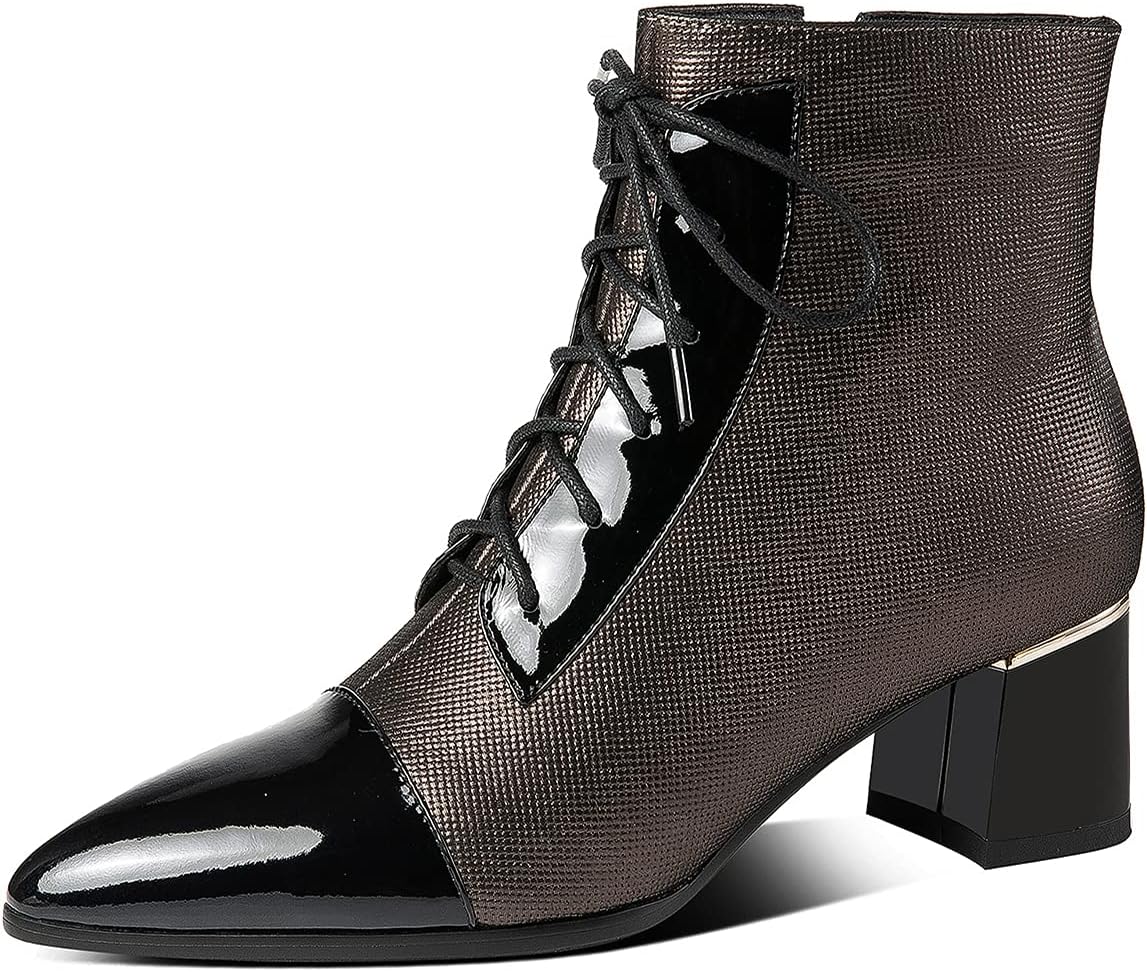 TinaCus Women's Handmade Patent Genuine Leather Mid Heel Side Zip Up Cap-Toe Ankle Boots with Front Band Design