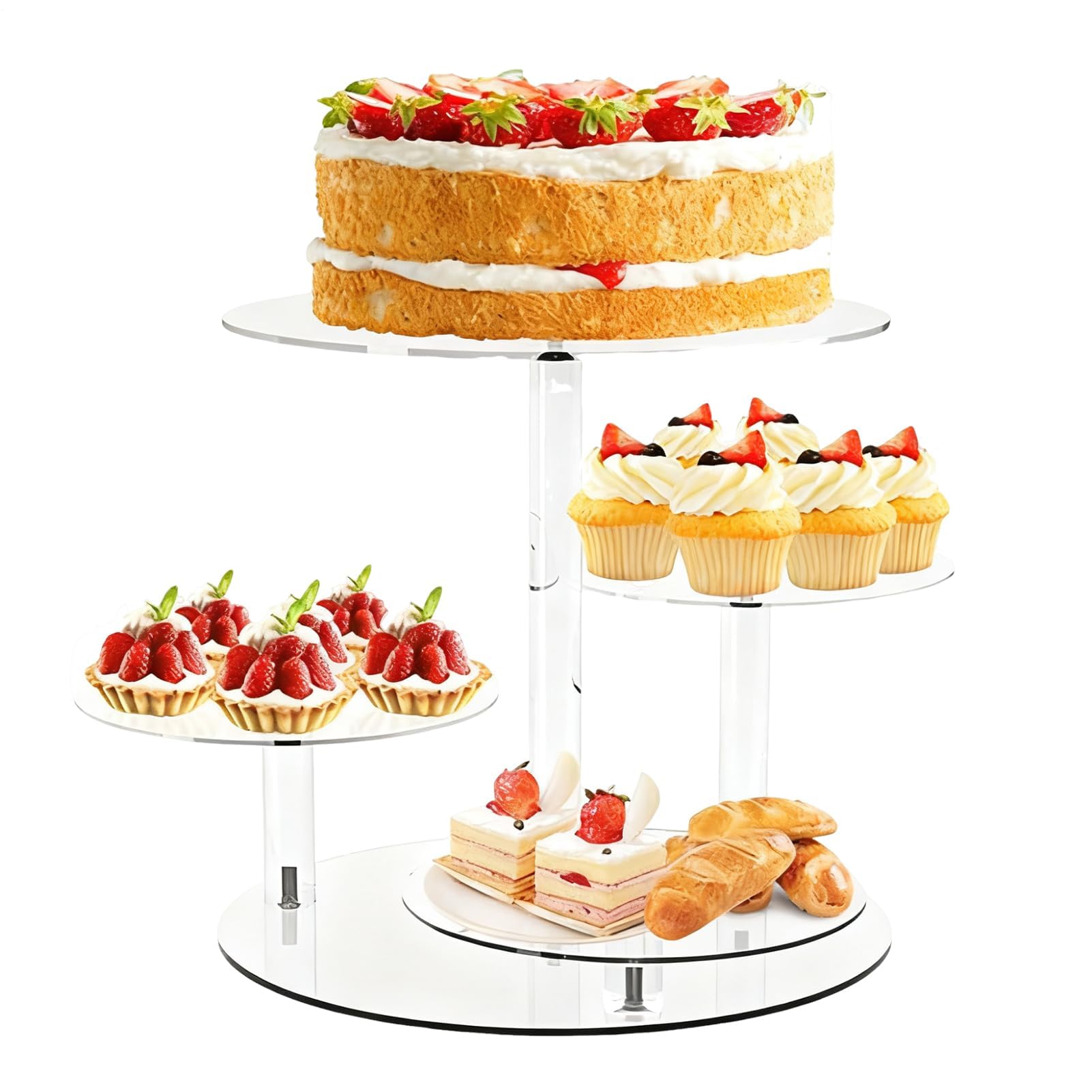 Soporte acrílico para tartas, expositor redondo de postres de 4 niveles, bandeja de servir Slish para aperitivos, pasteles y | Ideal para cumpleaños, bodas, Navidad, fiestas de baby shower