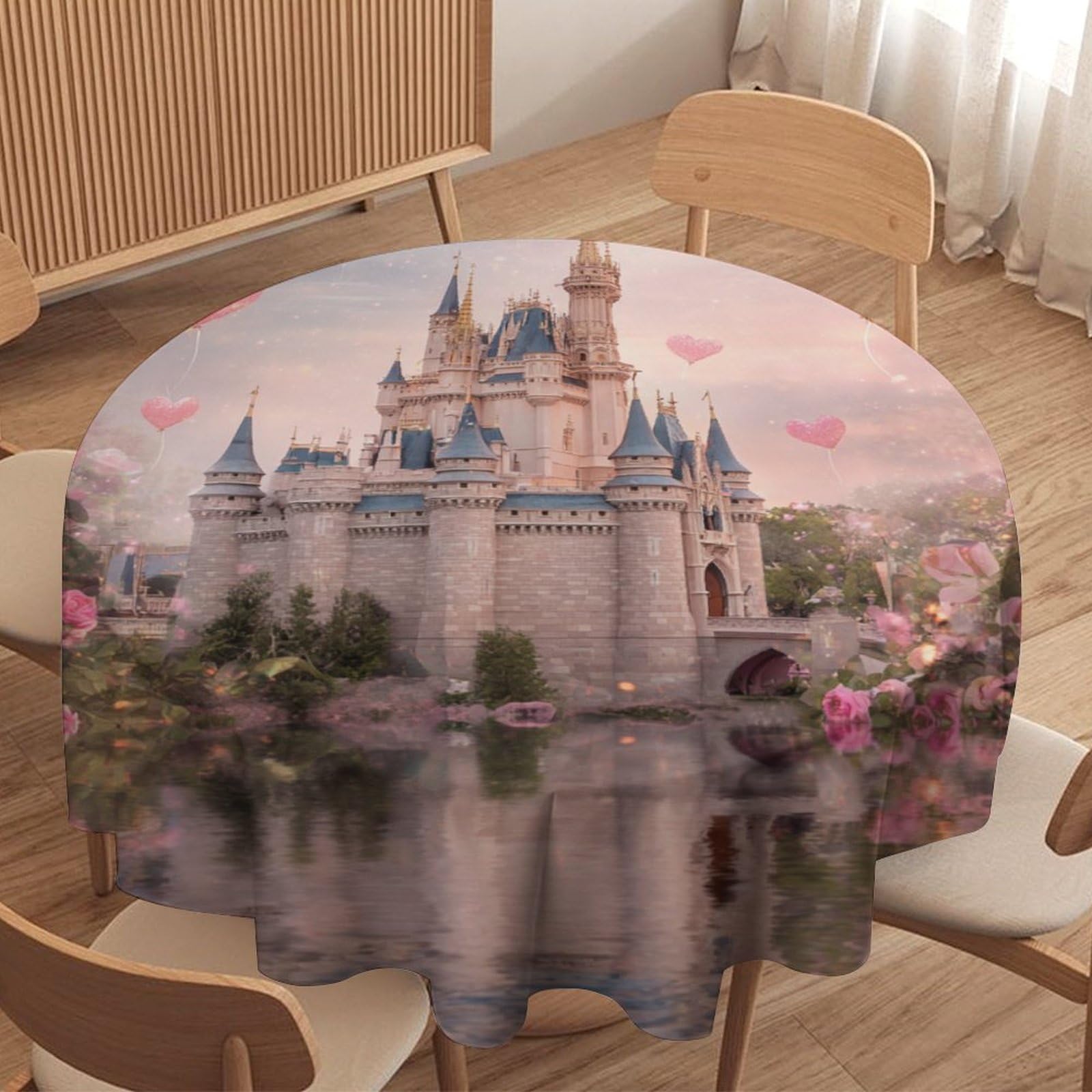 LUYYSKY Watercolor Fantasy Castle Waterproof Round Tablecloth Romantic Realistic Fairy Tale Forest Pink Roses Floral Heart Pattern Washable Table Cover for Kitchen-127 Wx127 L cm