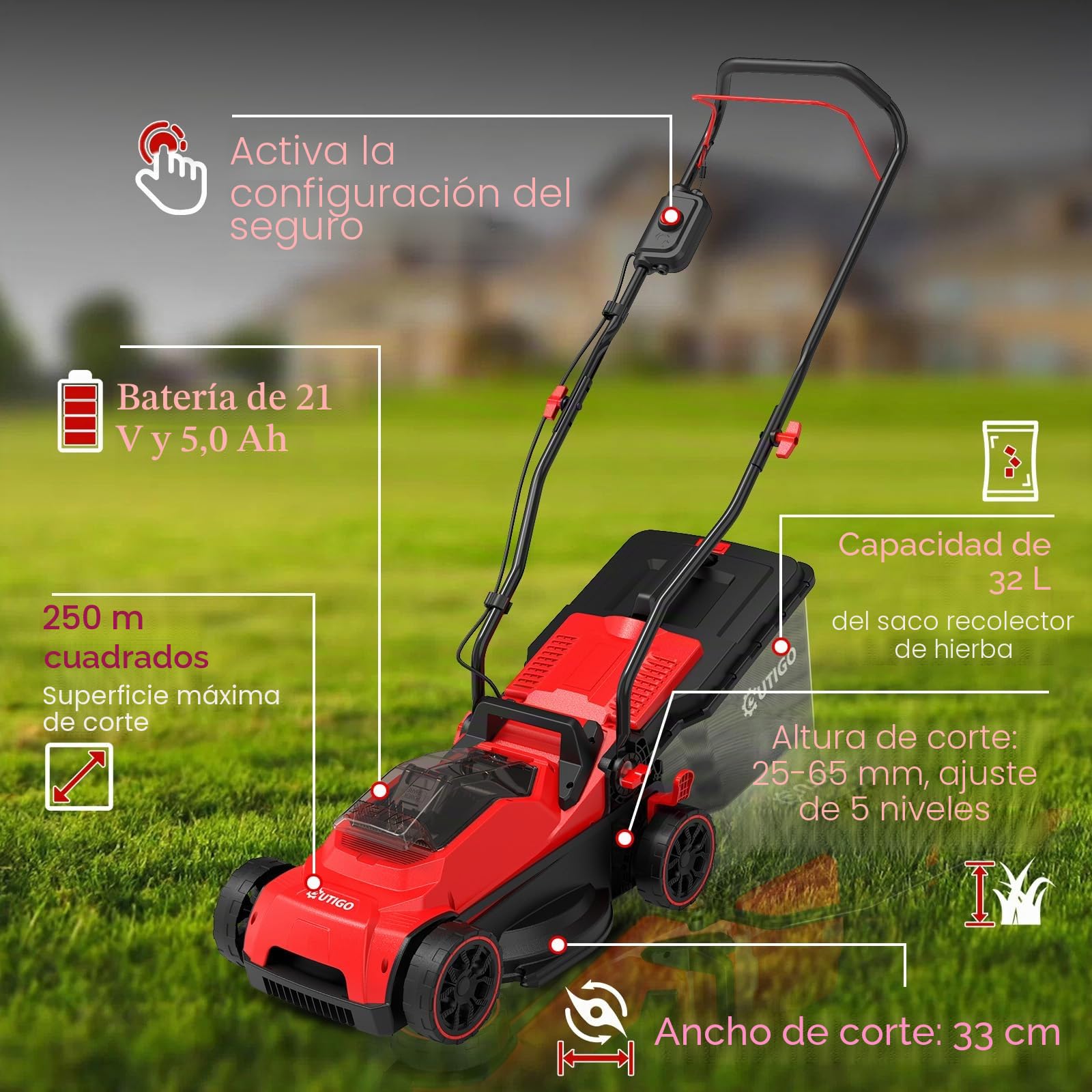 OUTIGO Cortacésped Eléctrico 21V, Batería 5.0Ah Incluida, 33 cm de Ancho de Trabajo, hasta 250 m², 32 L Bolsa recolectora, Altezza Regolabile 25-65 mm