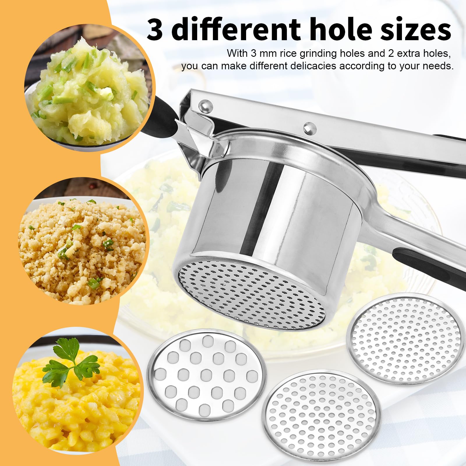 Prensador de patatas grande de 15 onzas con 3 discos intercambiables, de acero inoxidable resistente para puré de patatas, herramienta de cocina con mango ergonómico, máquina de spaetzle