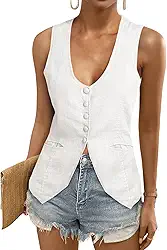 Blazer feminino de linho de verão sem mangas com gola canoa para trabalho casual de algodão