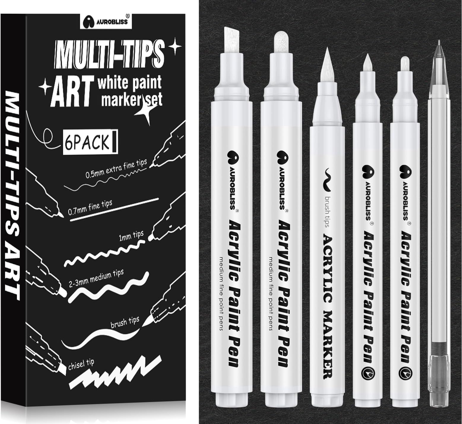 White Pen for Art 6pcs, Opaque White Paint Pen set with Brush Pen, Fineliner, chisel/medium/fine tip Acrylic Paint Pens for Black Paper Writing, Drawing