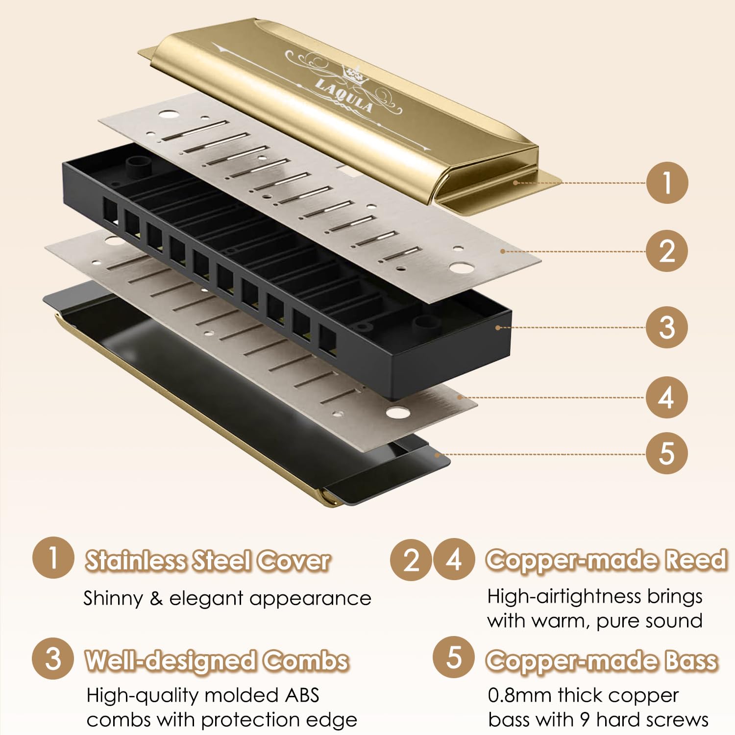 Armonica Blues Diatonica Chiave di C Arpa Armonica a Bocca 10 fori con Custodia Protettiva, Armonica Standard Regali per Adulti, Professionisti, Principianti e Studenti (Oro)