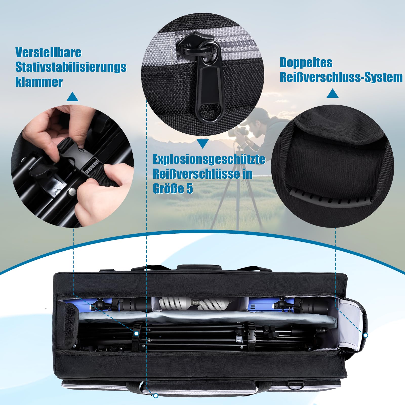 OUUTMEE Borsa per il trasporto del treppiede, grande borsa fotografica per treppiede con divisori imbottiti rimovibili, borsa leggera con base imbottita antiurto per treppiedi per fotocamera