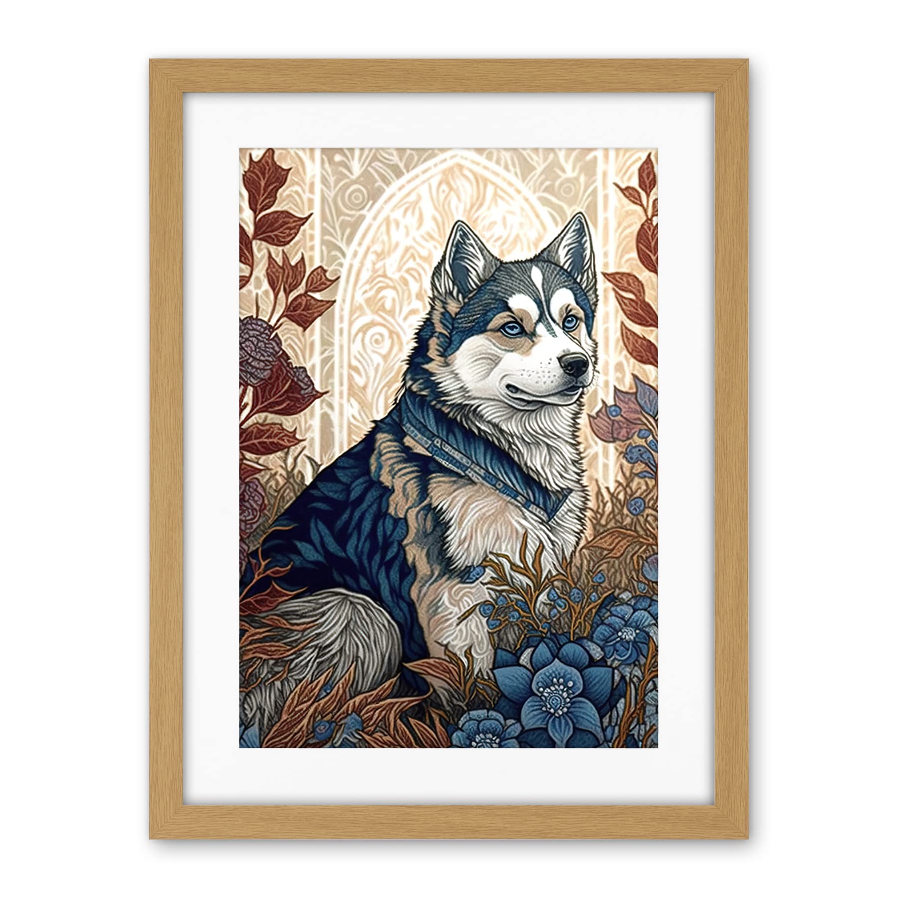 Artery8 Siberian Husky Dog in Autumn Flower Field Modern Art Nouveau Illustration Artwork Framed Wall Art Print 18X24 Inch