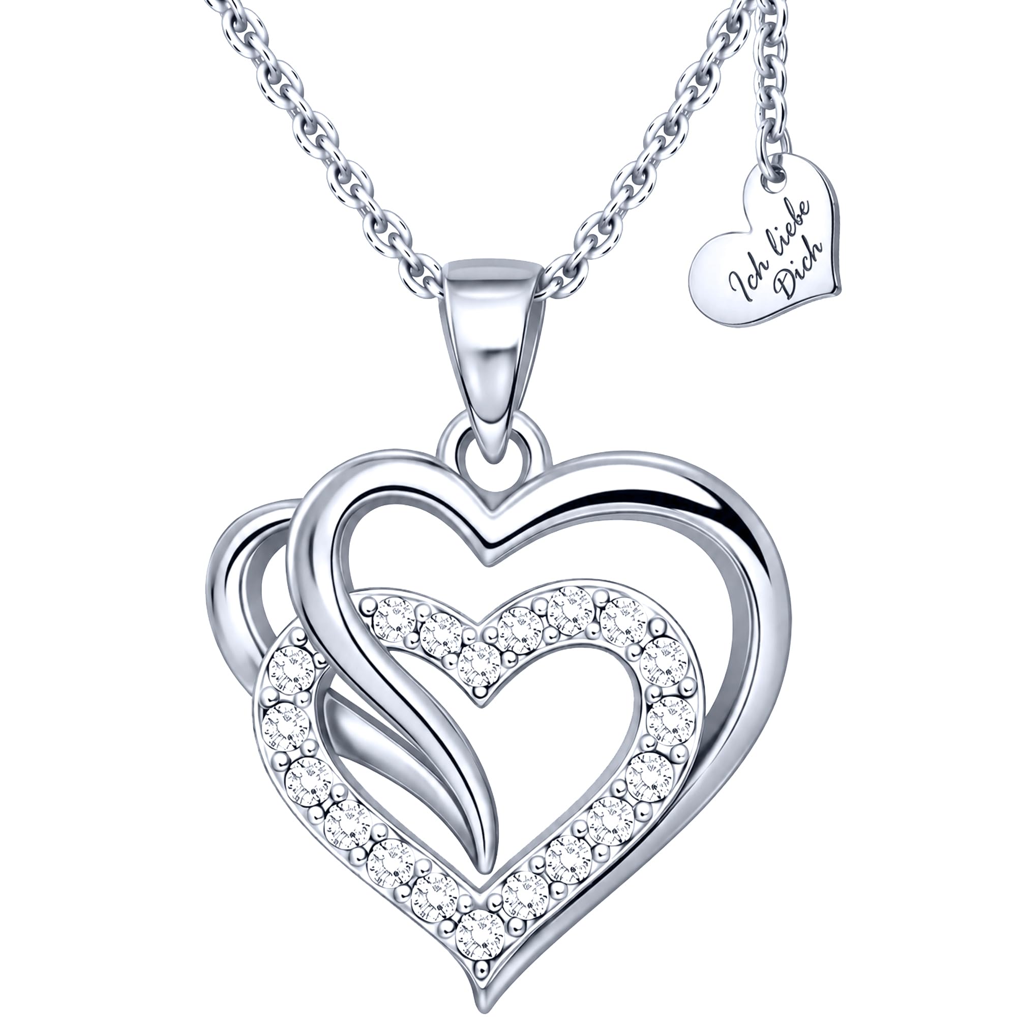 Herzkette Damen 925 Sterling Silber, Halskette mit Herz Anhänger und Zirkonia, Kette Geschenk für Frauen Freundin, Zusatzherz Ich liebe Dich, inkl. Schmuckdose und Geschenktasche