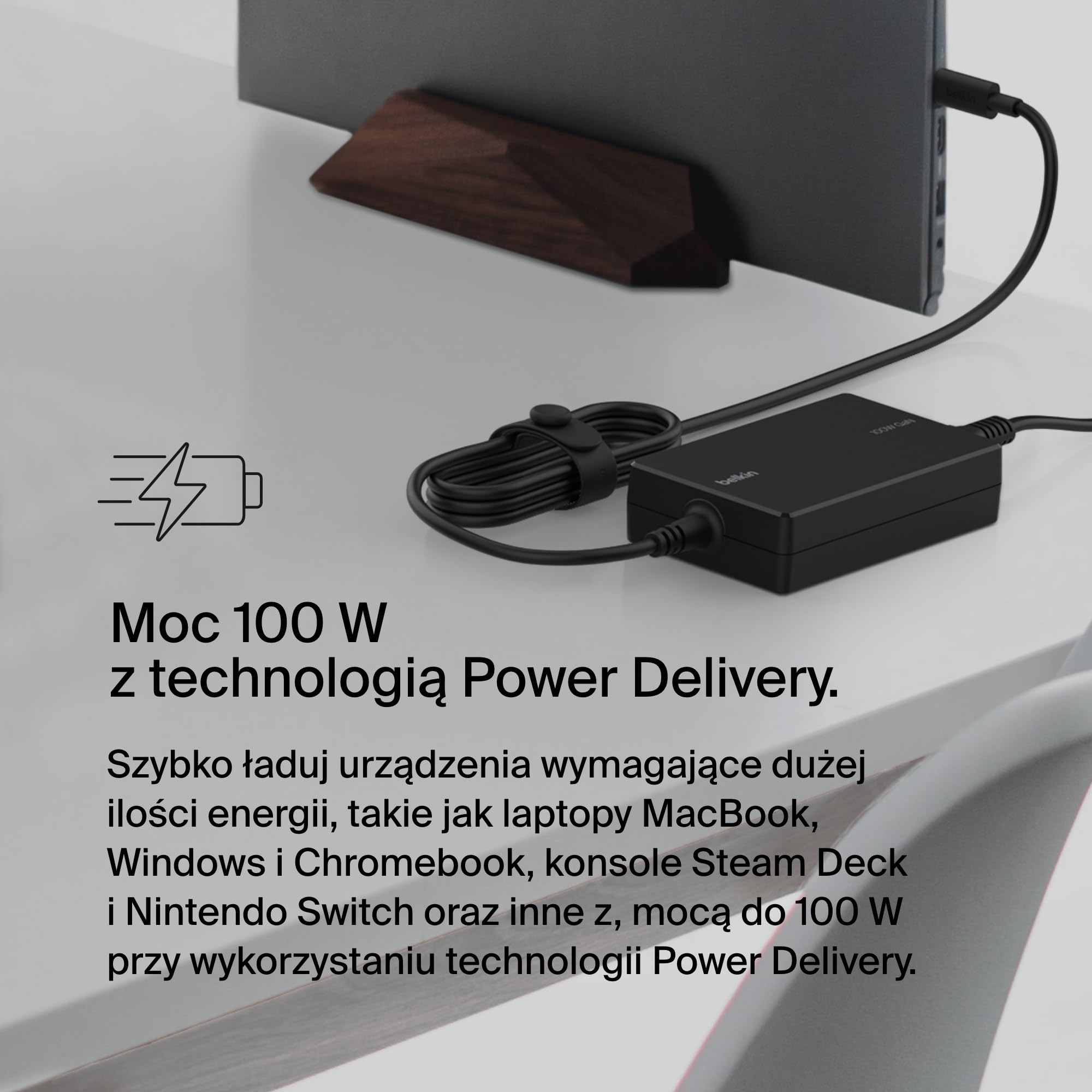 Belkin Connect Core zasilacz ładowarka USB-C GaN, szybkie ładowanie, uniwersalny port USB-C, zasilanie Power Delivery 100W, kabel 2,5 m, do konsoli, MacBooków, laptopów Windows i Chromebooków