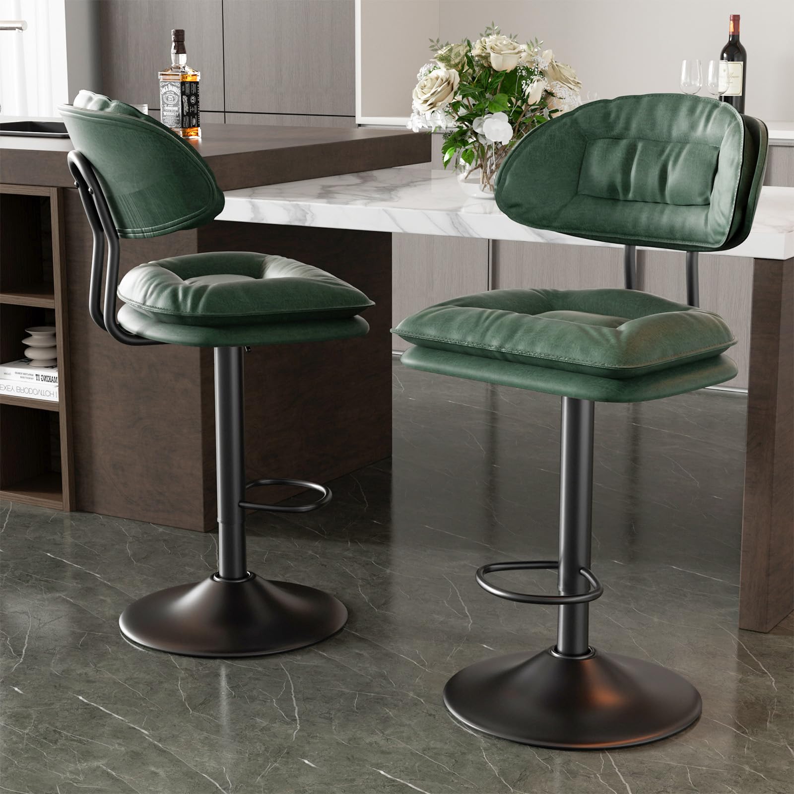 Hawthyhome Juego de 2 taburetes de Bar, taburetes ergonómicos Acolchados con Respaldo, taburetes de Bar Ajustables de Doble Capa, para Comedor, Bar en casa o Isla de Cocina,Color Verde Militar