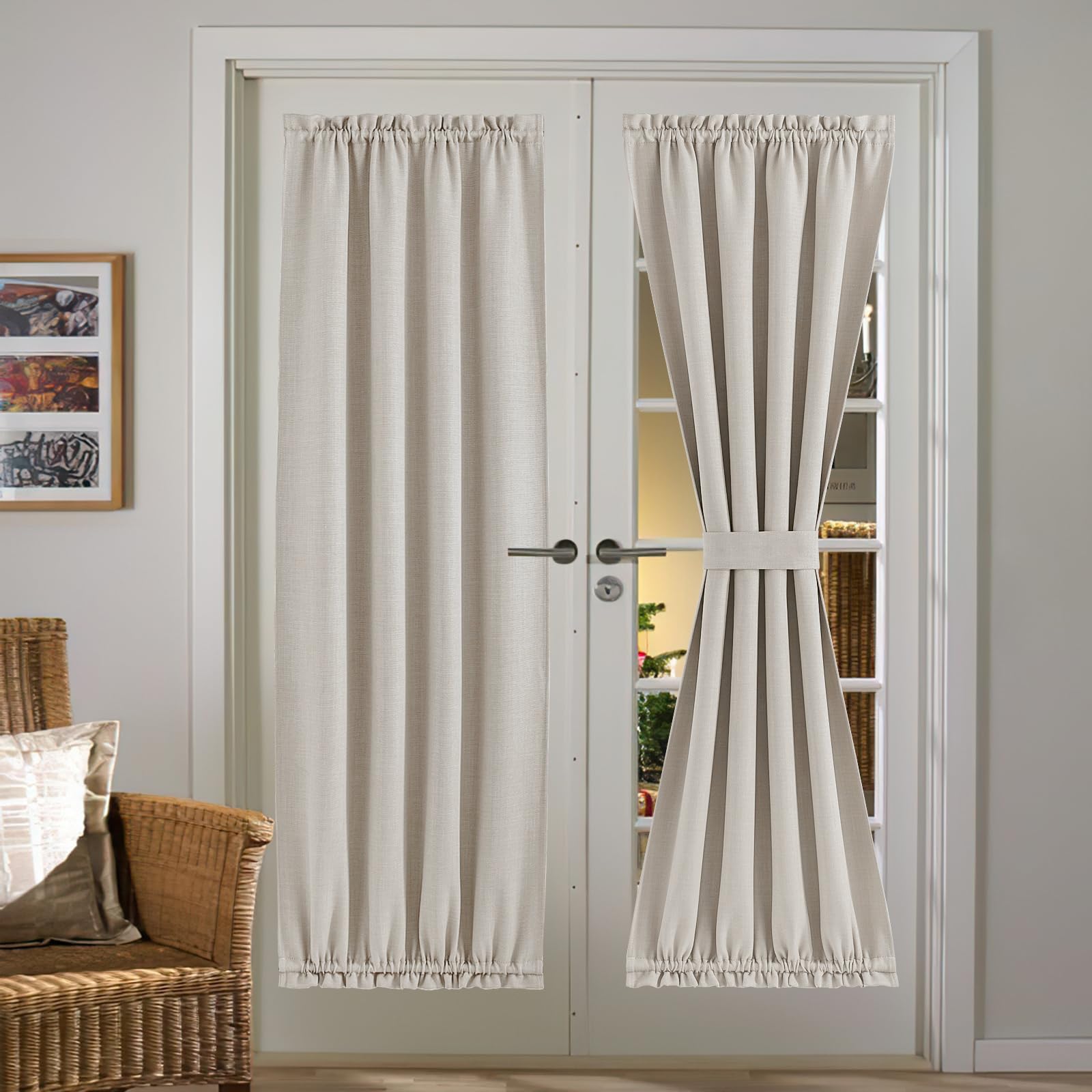 NICETOWN Faux Linen Blackout Curtain Panel for French Door Patio Window Curtains Thermal Insulated Rod Pocket Drapes for Living Room Glass Door with Tieback W36 x L72, Angora, 1 Panel