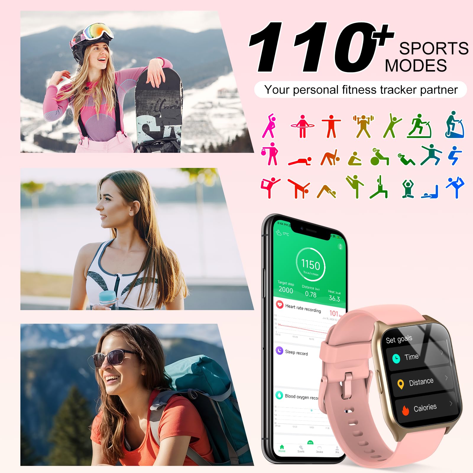 Orologio Smartwatch Uomo Donna, 1.85" HD Smartwatch con funzione chiamata, 113+ Sportive Smart Watch con Contapassi/Sonno/Cardiofrequenzimetro, Impermeabil IP68 Fitness Tracker per iOS Android, Rosa