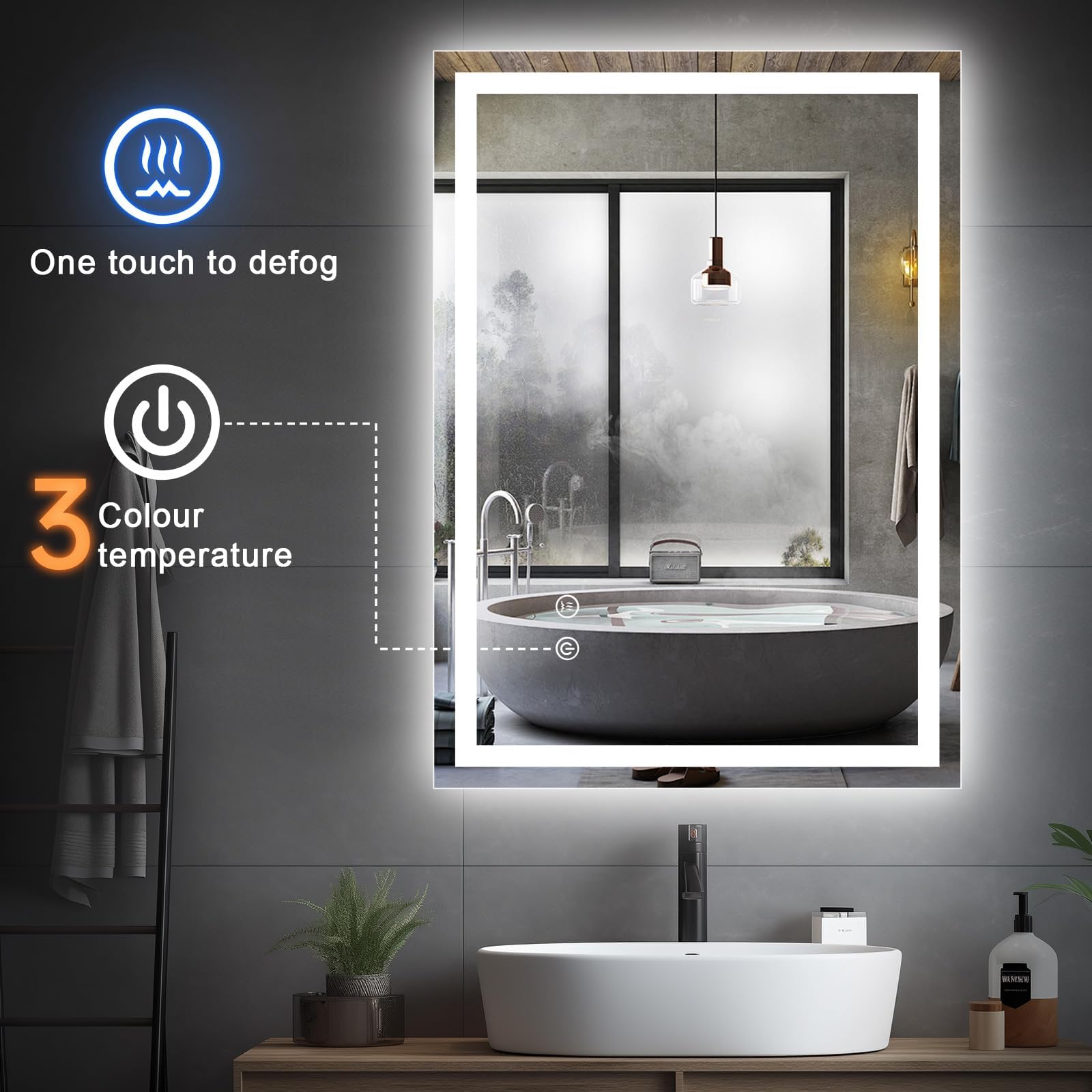 Youyijia Spiegel Mit Beleuchtung, 80x60 cm Badspiegel Mit Beleuchtung Mit Touch-Schalter Beschlagfrei, 3 Lichtfarben Dimmbar,3500K-6500K Badezimmerspiegel (Beschlagfrei+Dimmbar)