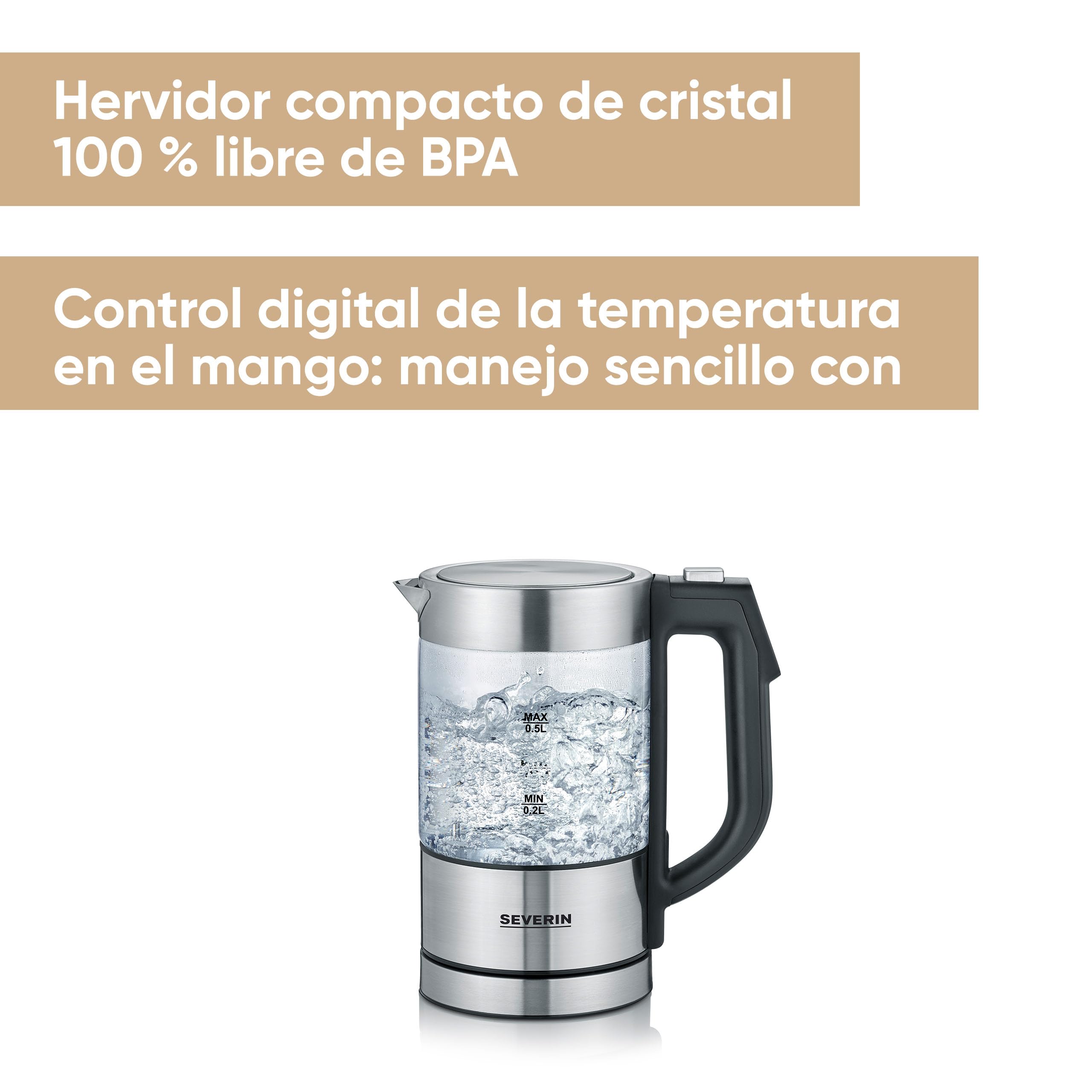 SEVERIN Mini Hervidor de cristal digital, 1100 W, 0.5 L, Acero Inoxidable/Negro WK 3458