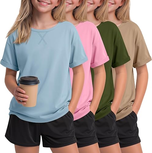 Oakgarden 4 Pack Girls Short Sleeve T Shirts Kids Casual Loose Tops Rolled Cuff 