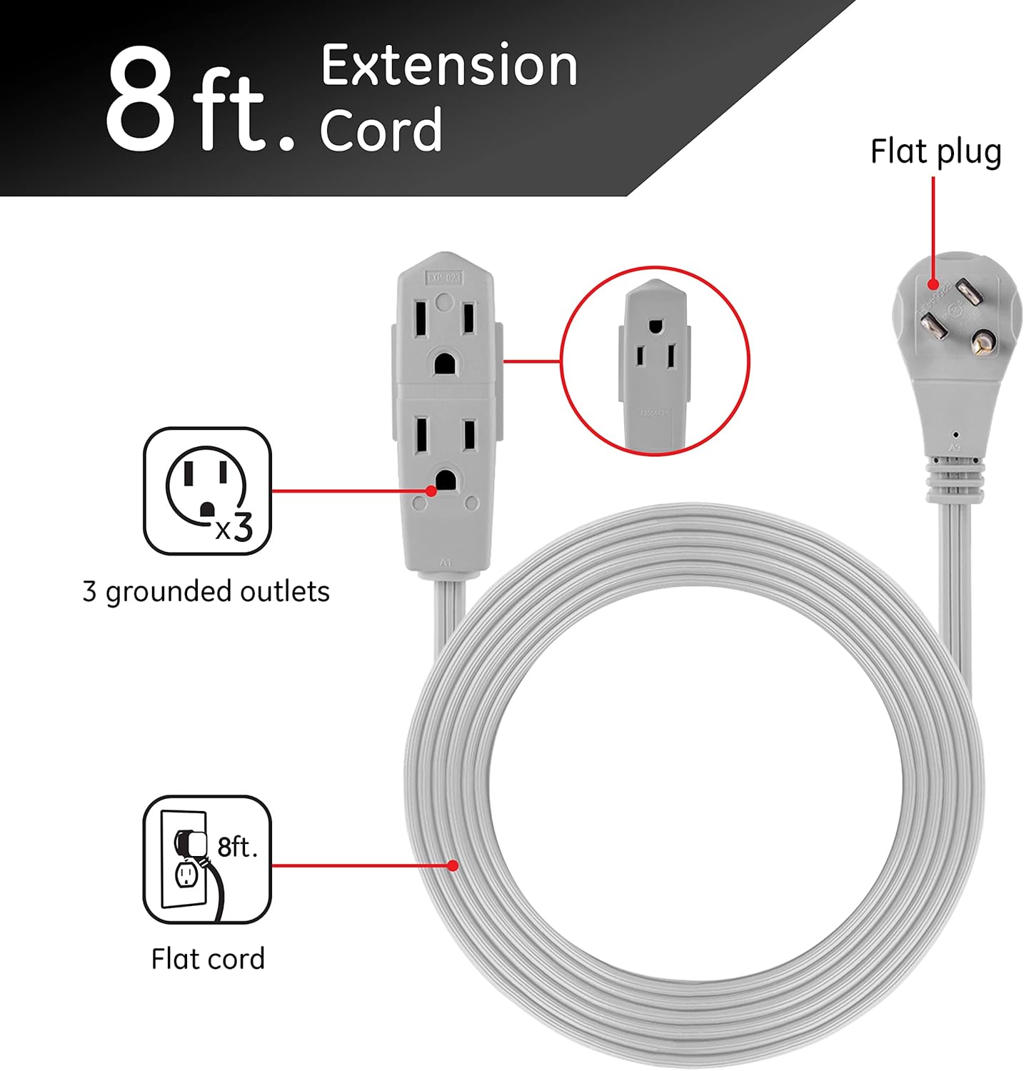 GE 3-Outlet Flat Extension Cord 8 Ft Grounded Extension Cord with Multiple Outlets 3 Prong Outlet Extender Flat Plug Indoor Power Strip 16 Gauge UL Listed Gray 43027