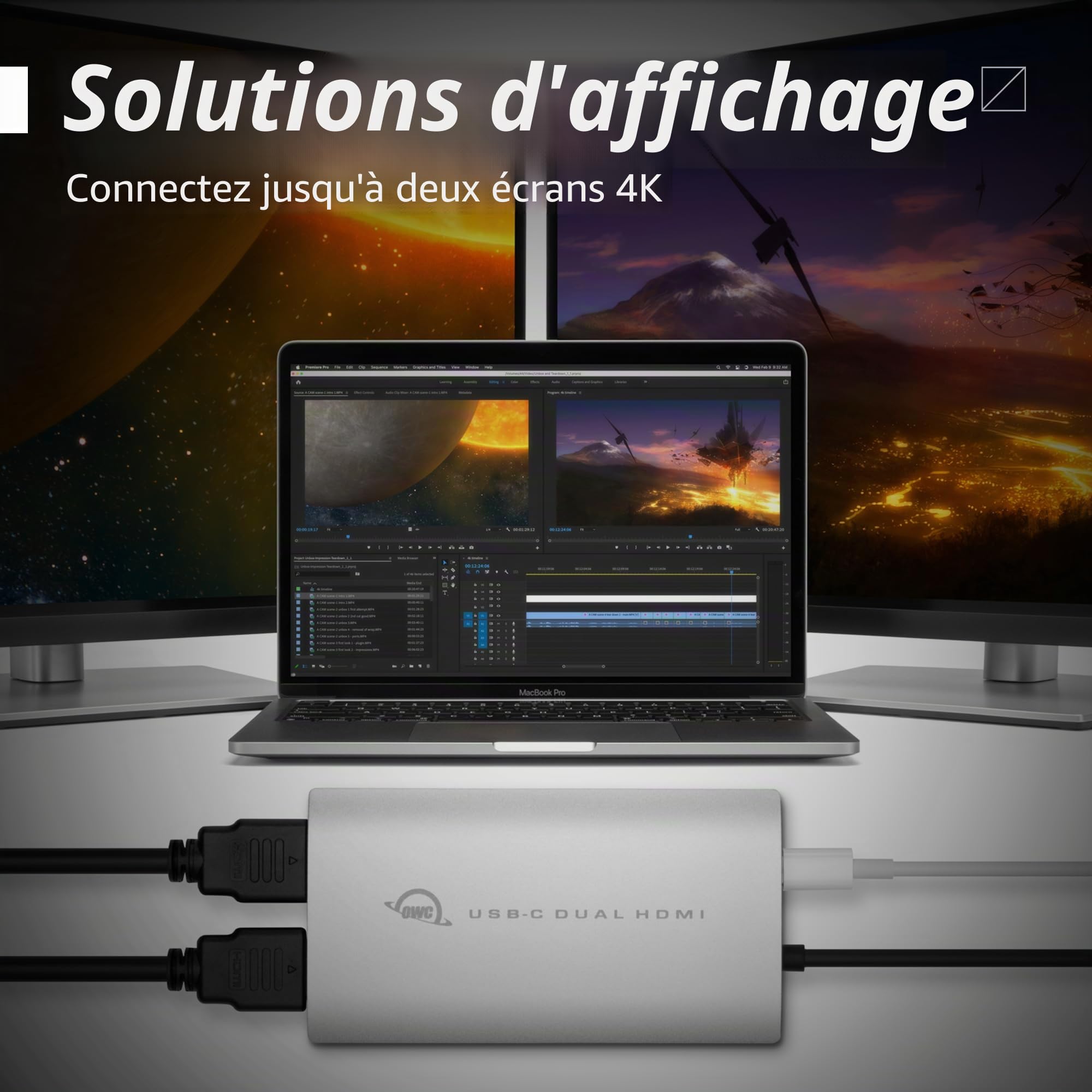 OWC Adaptateur d'écran USB-C double HDMI 4K avec DisplayLink - pour Mac Apple Silicon M1 et M2 ou autres Mac ou PC équipés d'un port USB-C ou Thunderbolt