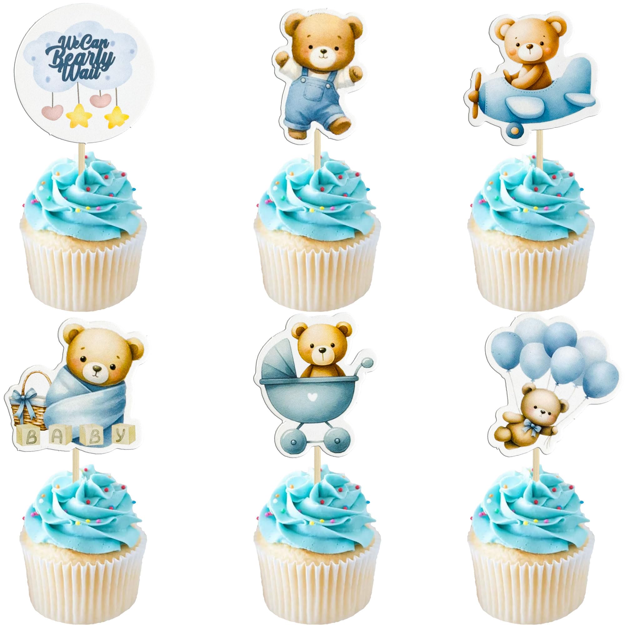 Gyufise 36Pcs Bear Cupcake Toppers Bear Cupcake Picks Baby Carriage Bottle Balloon We can Bearly Wait Cake Decorations for Baby Shower Gender Reveal Kids Birthday Party Supplies Blue Coffee
