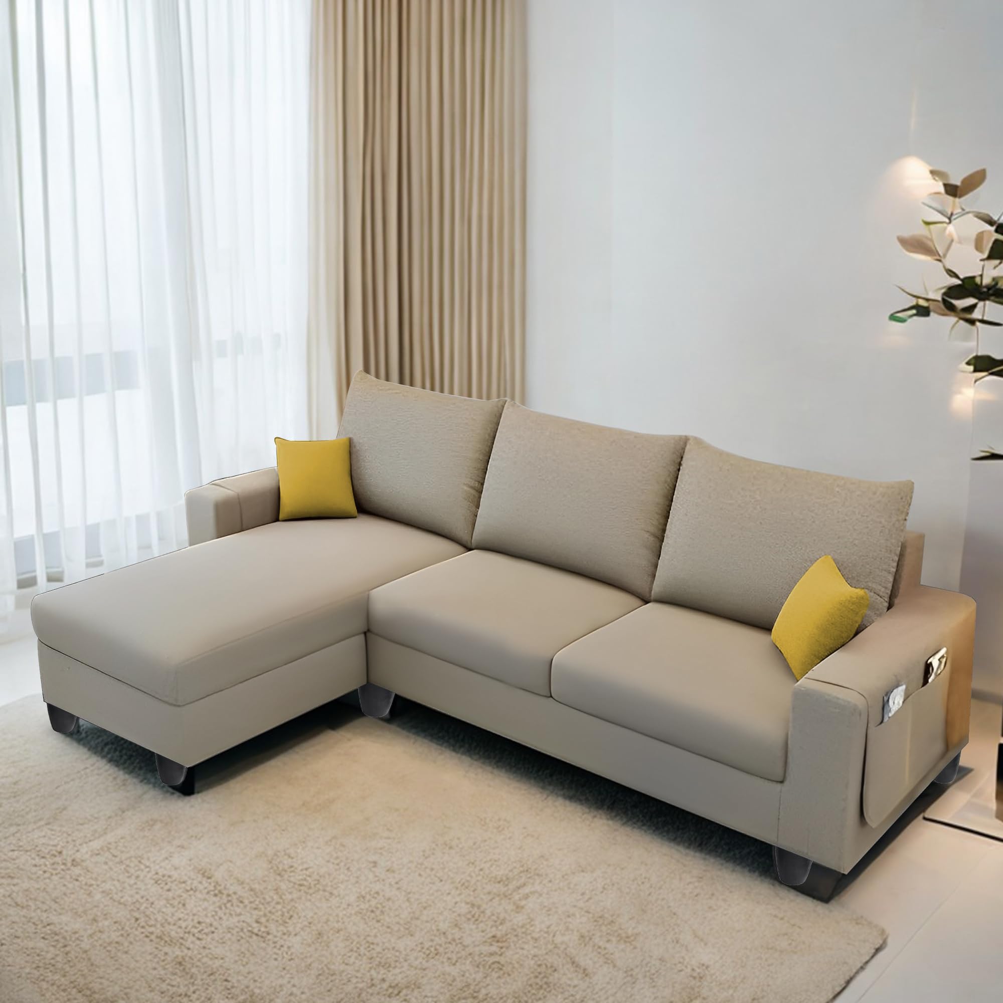 Porto LHS 4 Seater L Shape Sofa Set for Living Room (Cream Colour Fabric) Premium Velvet Fabric Sofa-image-23