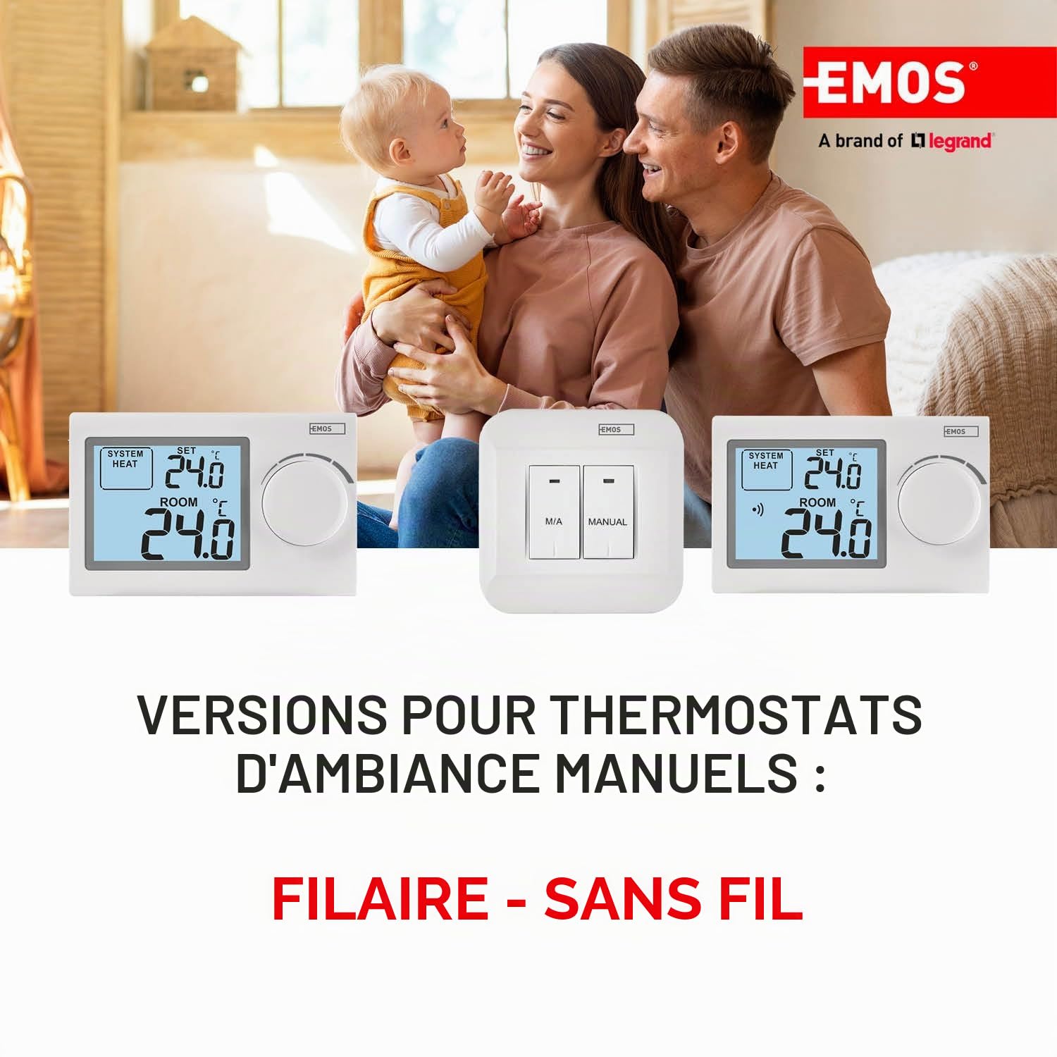 EMOS - Thermostat numérique avec écran LCD - Manuel, Filaire - Chauffage/climatisation - Plage température 5-35 °C - Montage en Surface - Utilisation Simple - Pile Incluse - Blanc