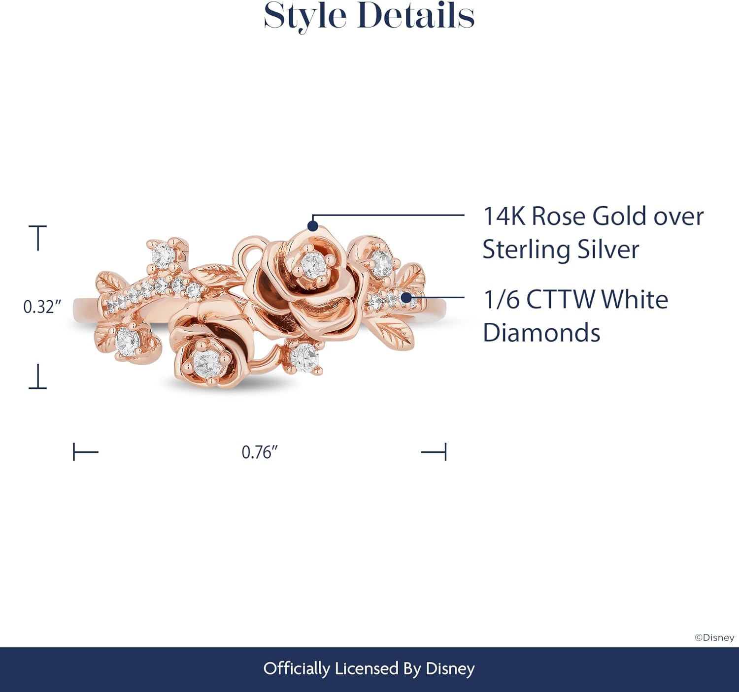 Jewelili Enchanted Disney Fine Jewelry 14K Rose Gold over Sterling Silver with 1/6 CTTW Diamond Belle Ring