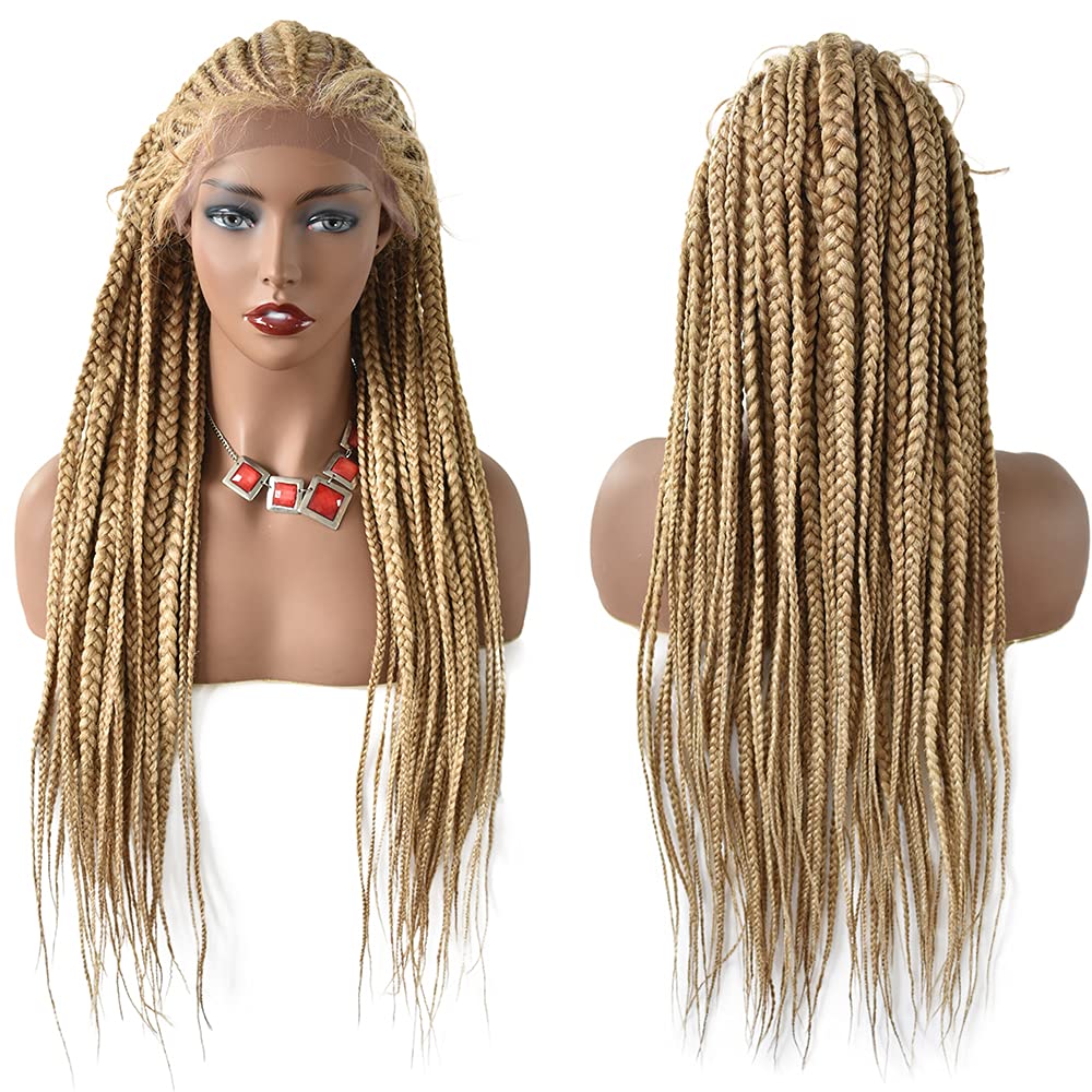 Box Braided Hand Tied 13" x6 1/2" Swiss Lace Front Women Wigs Baby Hair Quality Synthetic Shoulder Length Lightweight Braids (31", 1B/99JT# Black Mix Wine Red)