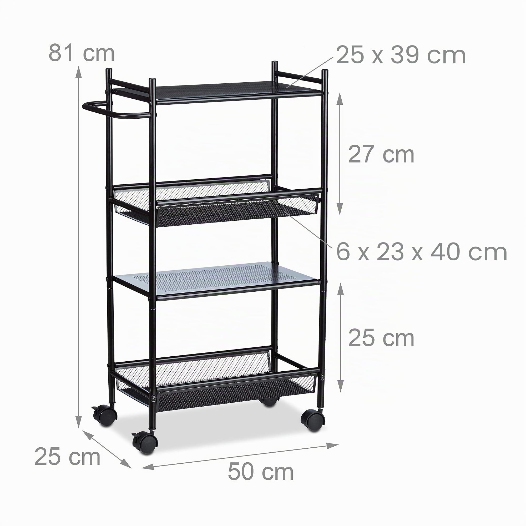 Relaxdays Carrito Auxiliar de 4 Pisos, Carro Cocina, Baño, Camarera, Almacenaje, Metal, 1 Ud., 81 x 26 x 50 cm, Negro