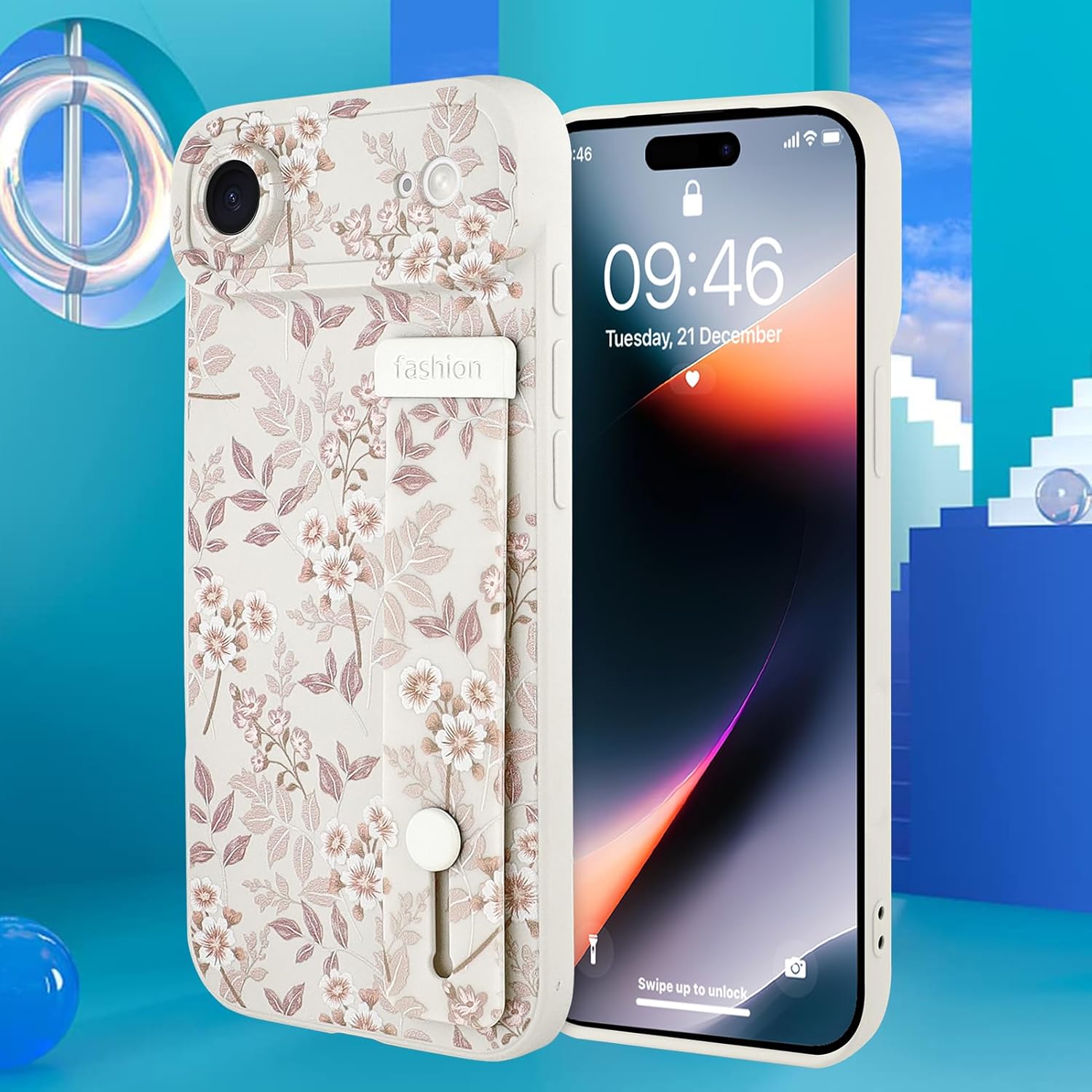 Compatible with iPhone Air Case for Women Men, Cute Flower Floral Pattern, Built in Adjustable Metal Wrist Strap Grip Hand Holder Kickstand Soft Silicone Cover 6.5 Inch, White - Image 4