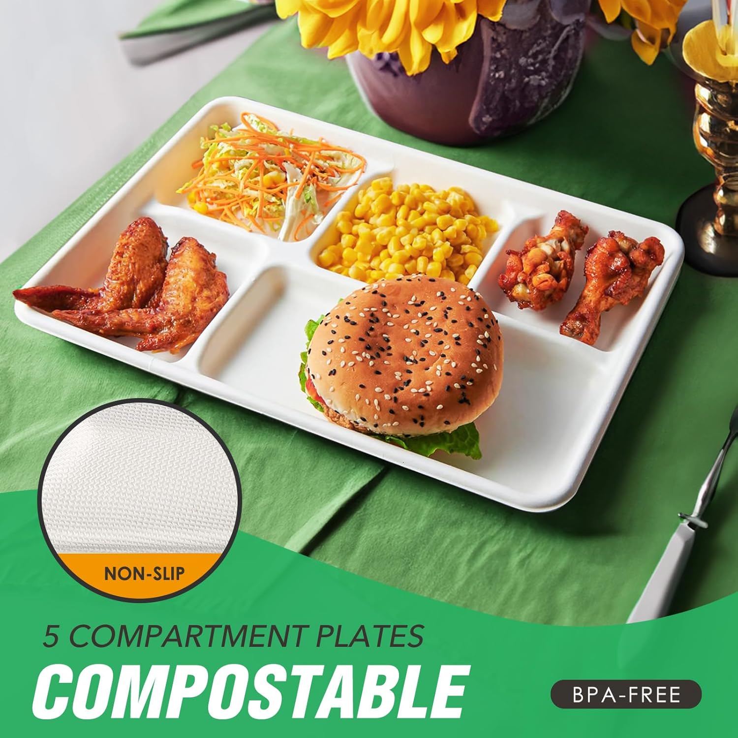 Gezond 100% Compostable 5 Compartment Plates 12.5 * 8.6 Inch, 100 Pack Disposable School Lunch Trays, Eco-Friendly Sugarcane Plates for Party Buffet Lunch Dinner - Image 4