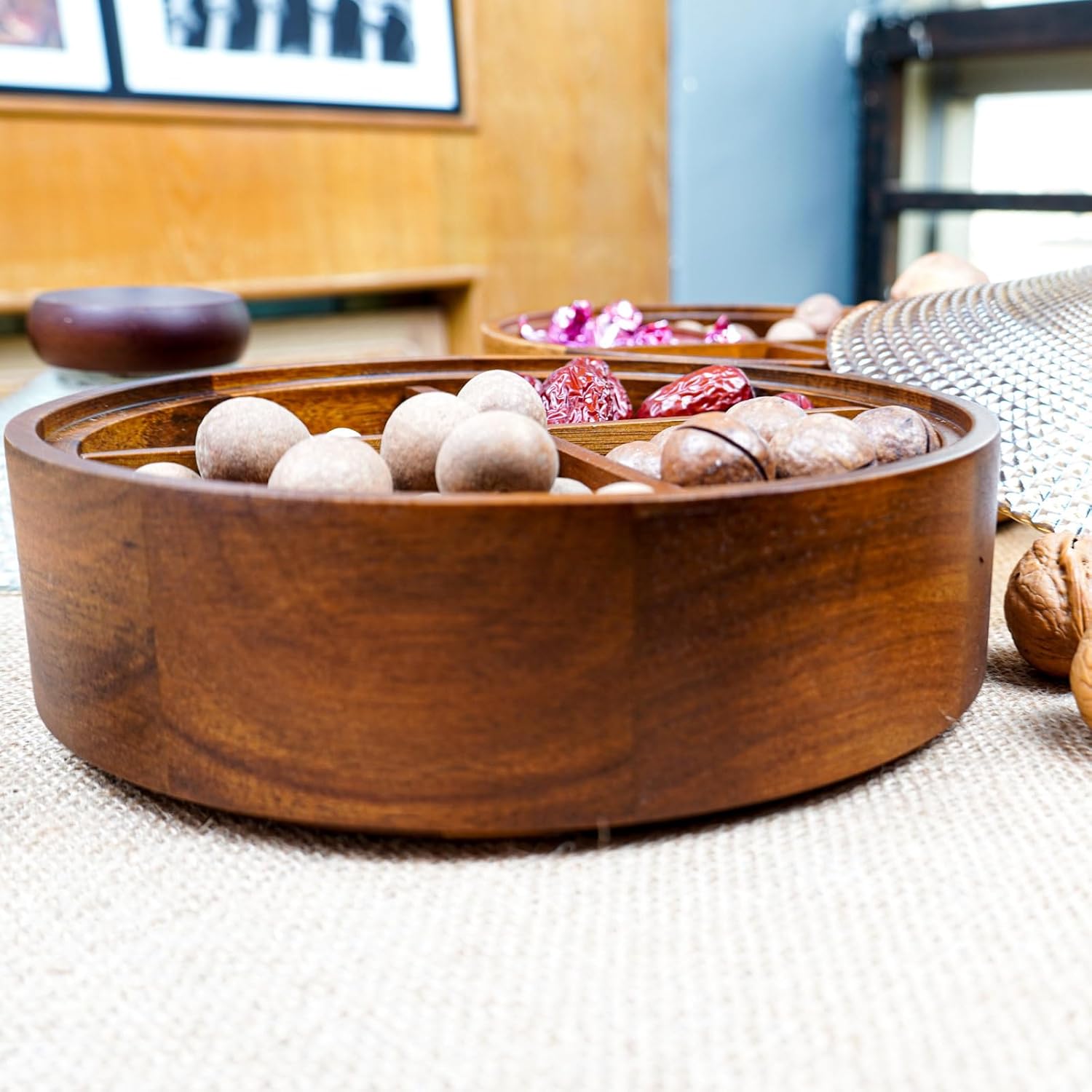 Wooden Snack Box with Glass Lid, 4-Compartment Serving Tray for Nuts, Candy, Dried Fruits, Multipurpose Storage Container for Home & Parties - Image 8