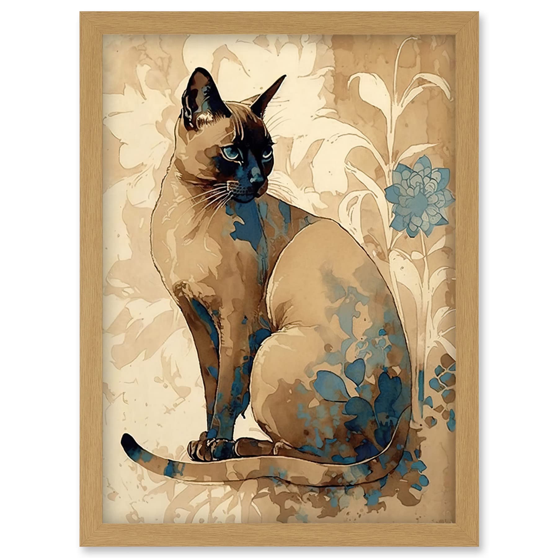 Artery8 Tonkinese Cat with Blue Flower Modern Watercolour Illustration Artwork Framed Wall Art Print A4
